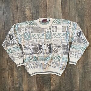 vtg southwest-style geometric quilt patterned knit sweater cream, grey & green